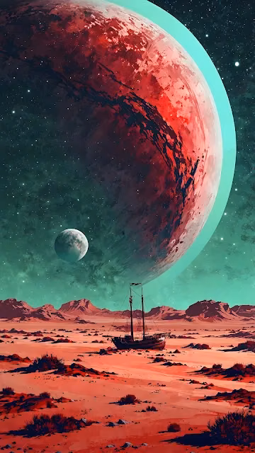 Deserted Ship on Crimson Planet Under Giant Red Sphere - Free 4K & 8K Mobile Wallpaper