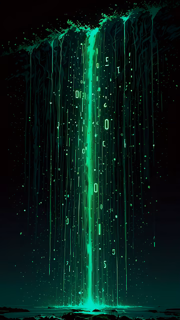 Digital Green Data Waterfall Flowing into Dark Abyss - Free 4K & 8K Mobile Wallpaper
