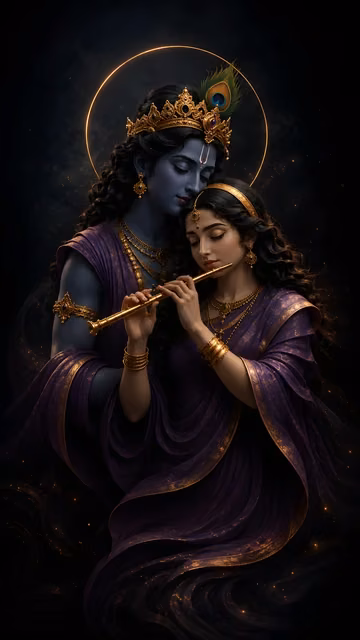 Blue-skinned divine figure wearing a peacock feather crown resting head near a woman holding a gold flute in purple robes.