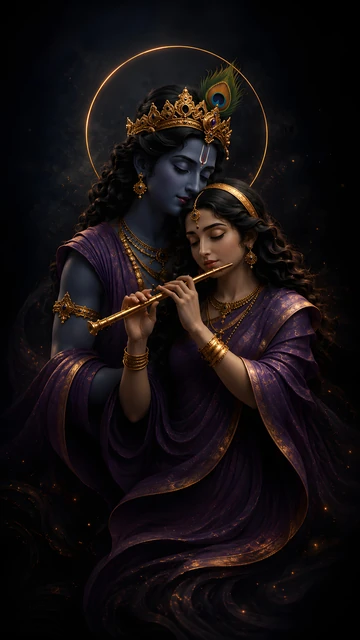 Download Divine blue-skinned deity and partner holding golden flute Wallpaper in 4K UHD Blue-skinned divine figure wearing a peacock feather crown resting head near a woman holding a gold flute in purple robes.