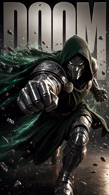 Doctor Doom charges forward throwing a metal-clad punch surrounded by swirling green energy. Doctor Doom in a green hooded cloak and steel armor lunging forward with a clenched metal fist.