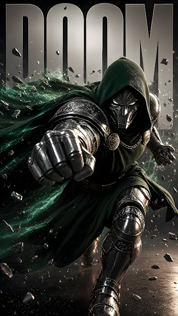 Doctor Doom in a green hooded cloak and steel armor lunging forward with a clenched metal fist.