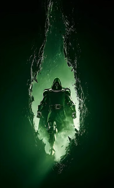 Doctor Doom steps forward through a cracked stone portal radiating intense green mist and light. Doctor Doom in steel armor and hooded green tunic standing inside a glowing green rock fissure.
