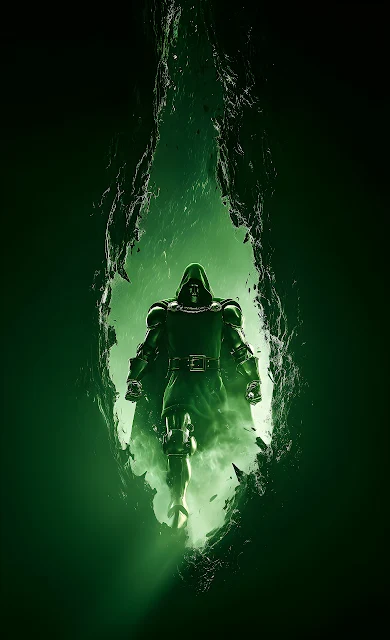 Doctor Doom steps forward through a cracked stone portal radiating intense green mist and light. Doctor Doom in steel armor and hooded green tunic standing inside a glowing green rock fissure.