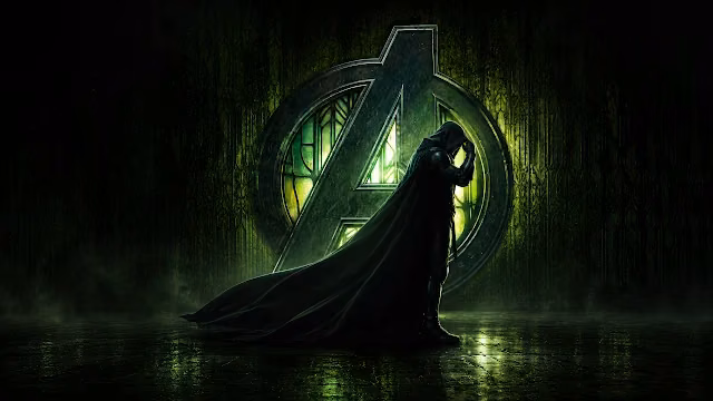 Doctor Doom in a hooded cloak stands before a glowing green Avengers logo on a reflective wet floor. Hooded figure of Doctor Doom standing in green light before a giant glowing Avengers symbol on a wet stone floor.