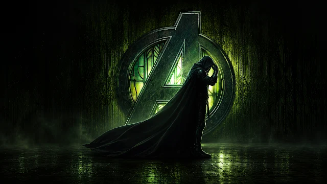 Doctor Doom in a hooded cloak stands before a glowing green Avengers logo on a reflective wet floor. Hooded figure of Doctor Doom standing in green light before a giant glowing Avengers symbol on a wet stone floor.