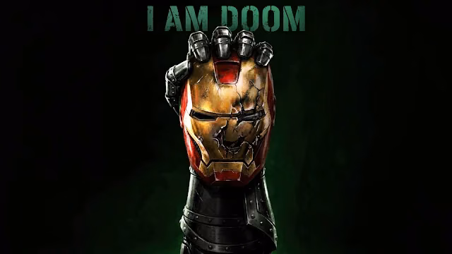 Armored metal fist holding a cracked Iron Man helmet with green text reading I AM DOOM on a black background.