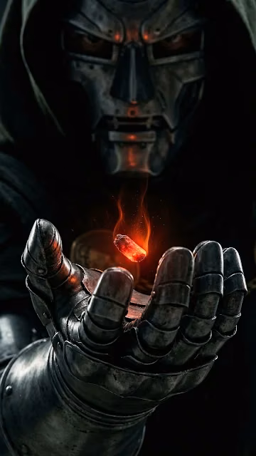Doctor Doom suspends a flaming orange crystal over an articulated iron gauntlet in darkness. Doctor Doom in a steel mask holding a levitating glowing red gem above his armored metal hand.