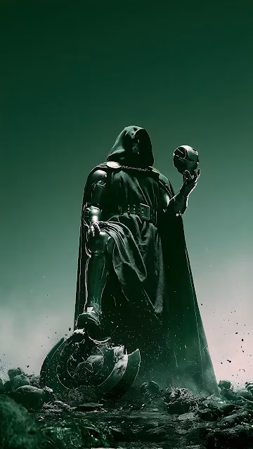 Doctor Doom holds Iron Man's helmet while stepping on Captain America's broken shield. Doctor Doom in a green hooded cape holding Iron Man's helmet and stepping on a broken shield.