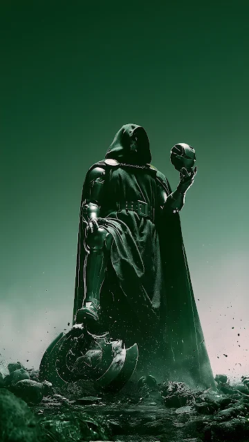 Doctor Doom holds Iron Man's helmet while stepping on Captain America's broken shield. Doctor Doom in a green hooded cape holding Iron Man's helmet and stepping on a broken shield.