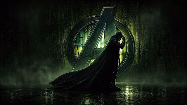 Hooded figure of Doctor Doom standing in side profile before a backlit green Avengers insignia on a dark textured floor.