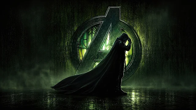 Doctor Doom stands in deep shadow against a luminous green Avengers emblem. Hooded figure of Doctor Doom standing in side profile before a backlit green Avengers insignia on a dark textured floor.