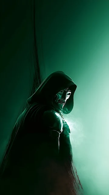 Doctor Doom in his iconic hooded cloak and metal face mask lit by atmospheric green glow. Doctor Doom wearing a metal face plate and dark green hooded cloak against a green fog background.