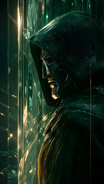 Doctor Doom in a hooded cloak and metallic faceplate poses beside luminous emerald glass columns. Side profile of Doctor Doom wearing a metallic face mask and dark green hooded cloak with emerald lighting.