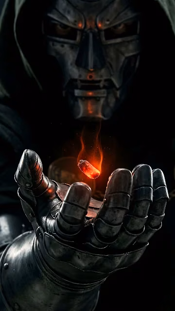 Doctor Doom hovers a glowing red Infinity Stone above his heavy steel gauntlet in the dark. Close-up of Doctor Doom holding a fiery red glowing crystal floating above his armored metal gauntlet.