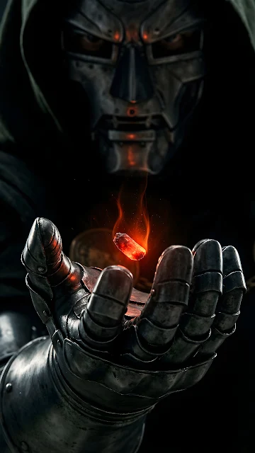 Doctor Doom hovers a glowing red Infinity Stone above his heavy steel gauntlet in the dark. Close-up of Doctor Doom holding a fiery red glowing crystal floating above his armored metal gauntlet.