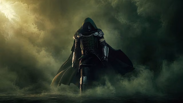 Doctor Doom in a hooded green cloak and metal mask walking through dense fog illuminated by overhead sunlight.
