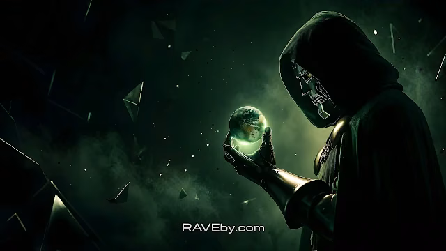 Doctor Doom in a hooded cape holding a glowing miniature Earth in his metal gauntlet.