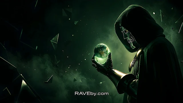 Doctor Doom inspects a miniature glowing Earth hovering above his metal gauntlet. Doctor Doom in a hooded cape holding a glowing miniature Earth in his metal gauntlet.