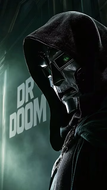 Doctor Doom turns in profile displaying a glowing green eye and a polished steel mask in emerald haze. Doctor Doom side profile showing a metal mask, glowing green eye, and dark hood in green lighting.