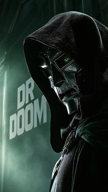 Doctor Doom side profile showing a metal mask, glowing green eye, and dark hood in green lighting.