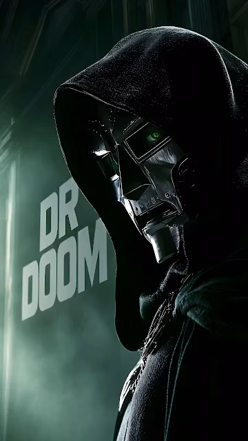Doctor Doom wears a brushed steel mask and dark hooded cloak beside green illuminated typography. Profile of Doctor Doom wearing a polished metal faceplate and dark green hood in moody green fog.