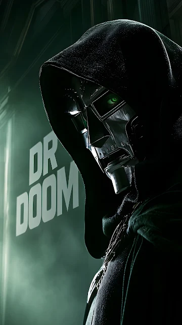 Profile of Doctor Doom wearing a polished metal faceplate and dark green hood in moody green fog.