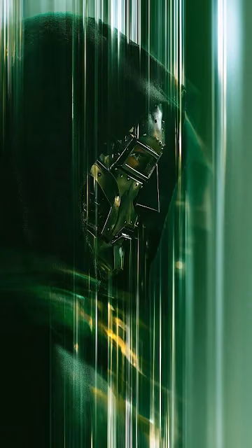 Doctor Doom wears a metallic mask and green hooded cloak amid vertical green light refractions. Doctor Doom wearing a metal mask and green hooded cloak behind vertical streaks of green light.