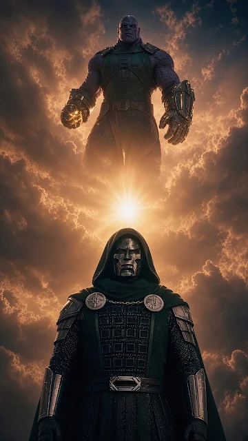Doctor Doom stands before a looming armored Thanos against a backlit cloudy golden sky. Doctor Doom in a green cloak and metallic mask standing beneath a giant Thanos in golden cloudy sunlight.