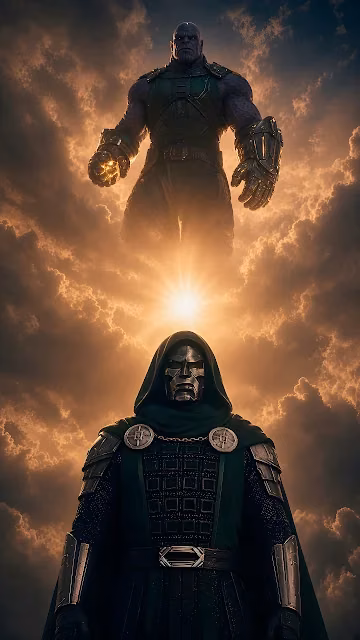 Doctor Doom stands prominently in the foreground beneath a towering Thanos in glowing clouds. Doctor Doom in green cape and metal mask standing below a massive Thanos under a glowing sunset sun.
