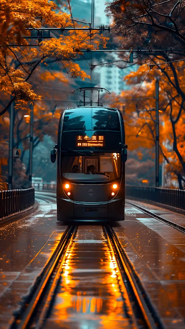 Double Decker Tram on Rainy Autumn City Tracks Reflection - Free 4K & 8K Mobile Wallpaper