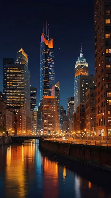 Downtown City Skyline Reflected in Dark River at Night - Free 4K & 8K Mobile Wallpaper