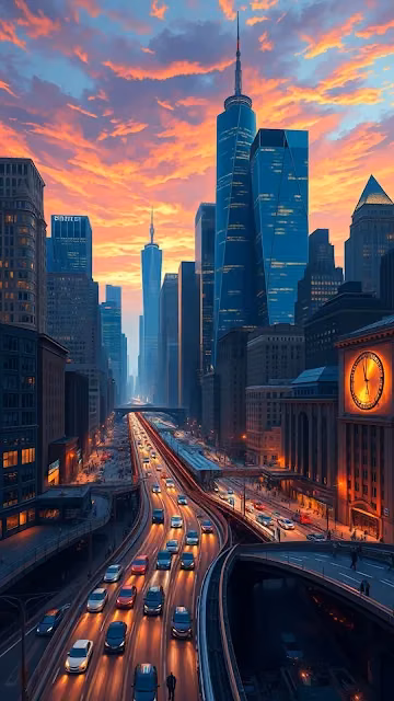 Downtown Freeway Traffic Sunset Skyscraper View - Free 4K & 8K Mobile Wallpaper