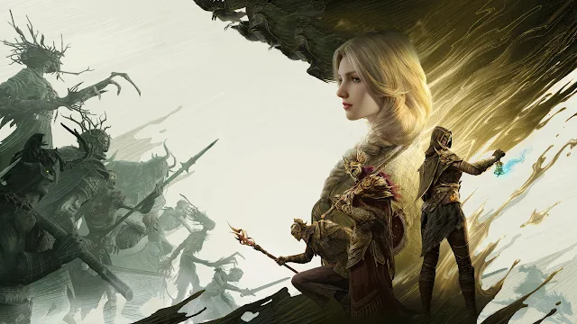 Dragon's Dogma 2 warriors and a blonde protagonist face an encroaching army of shadowy monstrous creatures. Fantasy illustration of armored warriors and a blonde woman facing a shadowy advancing horde with golden energy ribbons.