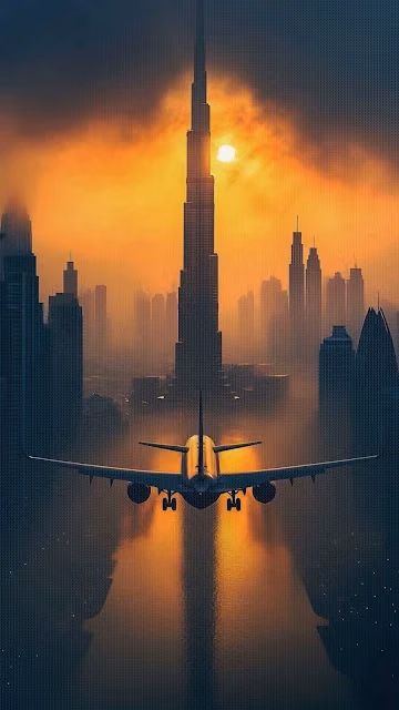 Dramatic Airplane Approach Dubai City Skyline Sunset Glow - Free 4K & 8K Mobile Wallpaper