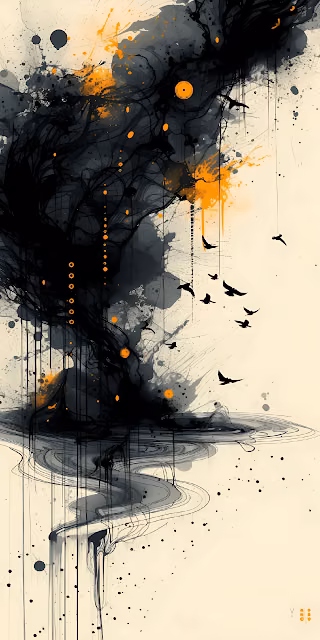 Dramatic Black Ink Splash Orange Abstract Birds - Free 4K & 8K Mobile Wallpaper