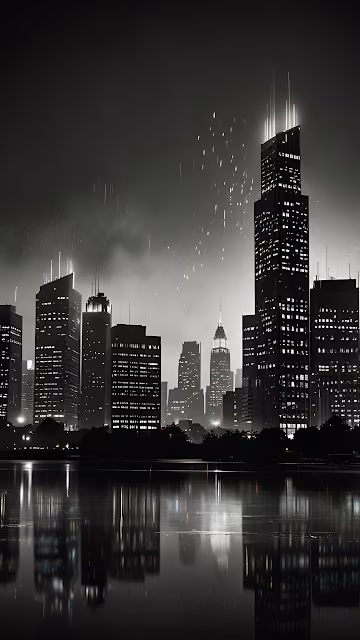 Dramatic Black White City Skyline Water Reflection Night - Free 4K & 8K Mobile Wallpaper