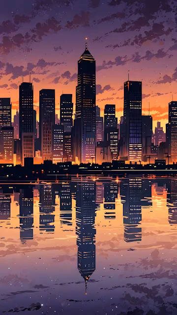 Dramatic City Skyline Silhouette Reflected at Sunset - Free 4K & 8K Mobile Wallpaper