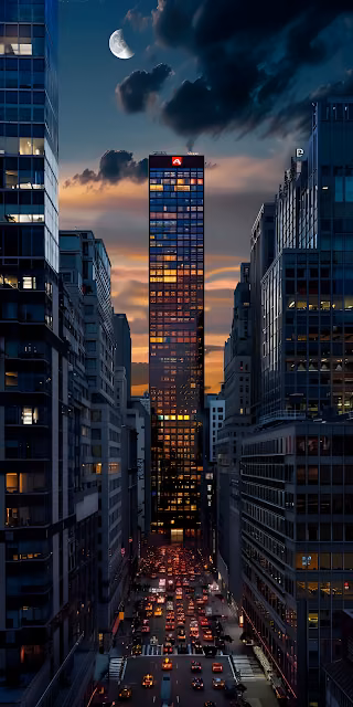 Dramatic City Skyscraper Canyon Night Traffic Moon View - Free 4K & 8K Mobile Wallpaper
