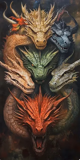 Dramatic Cluster of Six Ferocious Dragon Heads - Free 4K & 8K Mobile Wallpaper