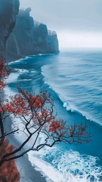 Dramatic Coastal Landscape Red Foliage Turquoise Ocean Waves - Free 4K & 8K Mobile Wallpaper