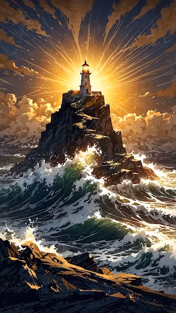 Dramatic Lighthouse Beacon, Golden Stormy Ocean Waves - Free 4K & 8K Mobile Wallpaper