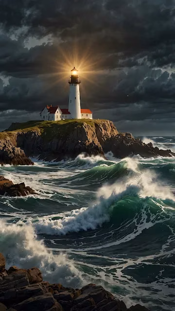 Dramatic Lighthouse Beam Stormy Ocean Waves - Free 4K & 8K Mobile Wallpaper