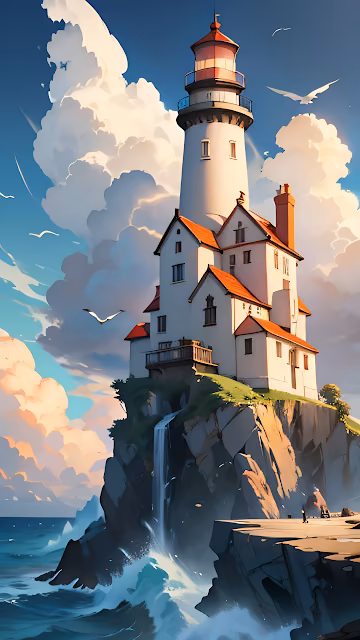 Dramatic Lighthouse on Coastal Cliff with Painterly Clouds - Free 4K & 8K Mobile Wallpaper