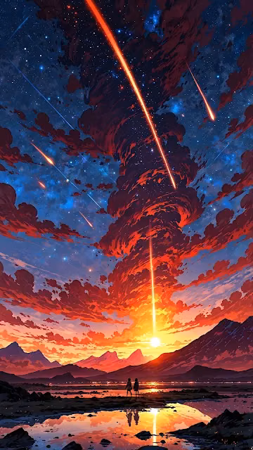 Dramatic Meteor Shower over Mountains at Fiery Sunset - Free 4K & 8K Mobile Wallpaper