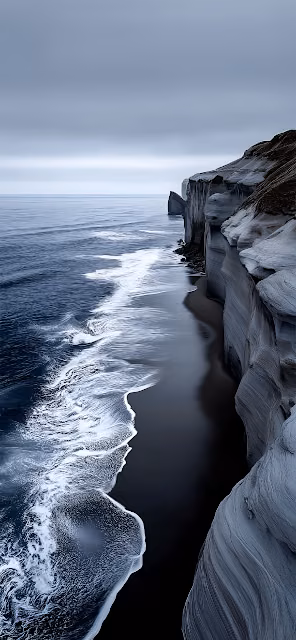 Dramatic Monochromatic Cliffs Over Dark Volcanic Beach - Free 4K & 8K Mobile Wallpaper