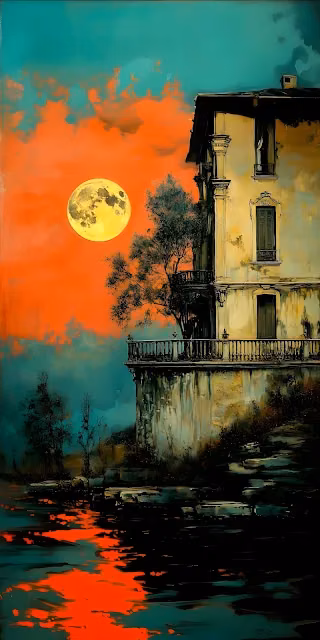 Dramatic Moonlit Villa Painting in Orange and Teal - Free 4K & 8K Mobile Wallpaper