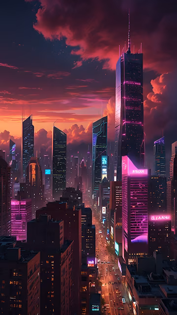 Dramatic Neon Cyberpunk City Sunset Skyscraper - Free 4K & 8K Mobile Wallpaper