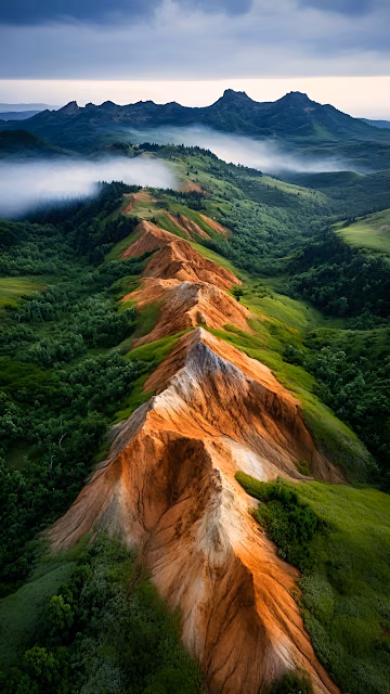 Dramatic Orange Mountain Ridge Over Lush Green Valley Fog - Free 4K & 8K Mobile Wallpaper