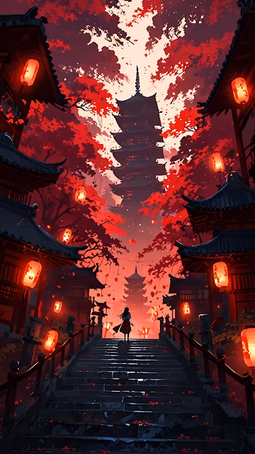 Dramatic Red Japanese Pagoda Maple Lantern Path - Free 4K & 8K Mobile Wallpaper